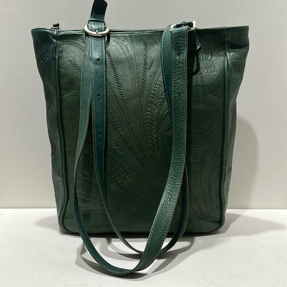 LABRADO LEATHER Green Hand Tooled Leather Tote Bag